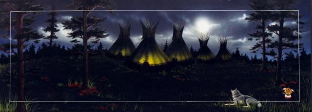 A small band make camp under the watchful eyes of Seeker; the wolf of today that seeks out Indian camps of the past. This band was one of the many plains Indians inhabiting the country between the Mississippi River and the Rocky Mountains. Besides being buffalo hunters, they also were farmers & did not live in tepees except when on the march or hunt.